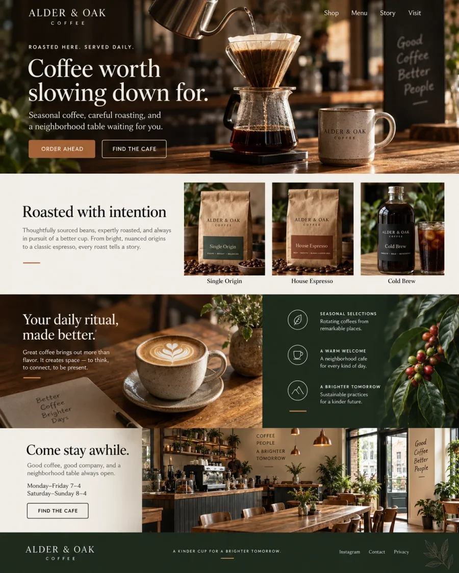 Alder and Oak Coffee roaster landing page concept