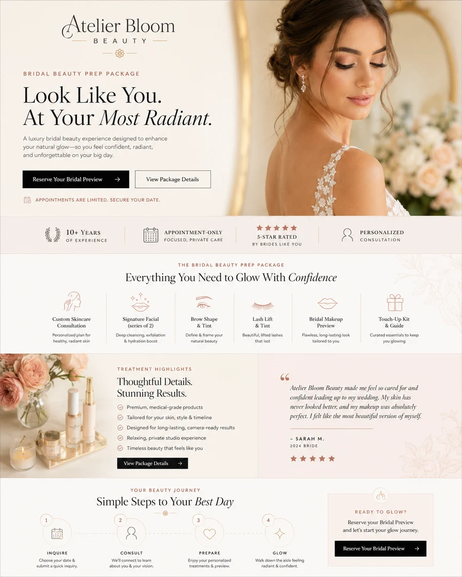 Atelier Bloom bridal beauty landing page concept