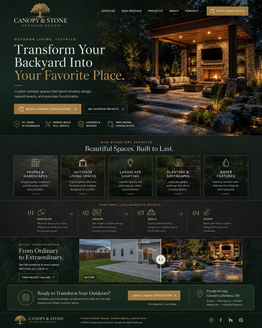 Canopy and Stone outdoor living landing page concept